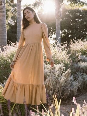 High-Neck Long Sleeve Maxi Dress in Peach